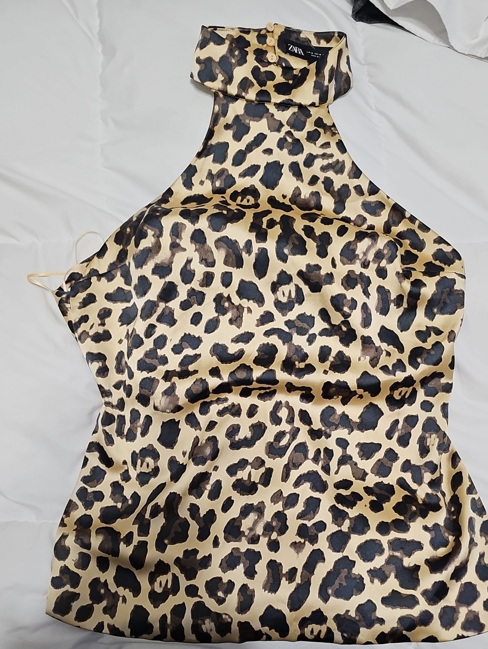 Zara Leopard Print Halter Satin Top - Cream & Black
